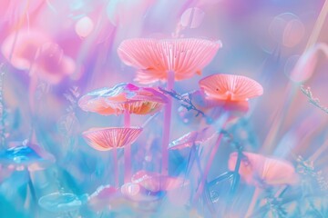 Poster - Delicate mushrooms growing on a damp forest floor surrounded by ethereal bokeh lights during an early morning in nature