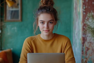 Portrait of young woman in casual wear using laptop at workplace nook against green wall, Generative AI