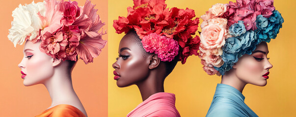 Wall Mural - Three beautiful fashion models with perfect skin are posing in profile with large floral headdresses