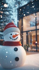 Sticker - Snowman in winter clothes on modern private house background