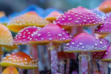 Poster - A vibrant cluster of colorful mushrooms with distinctive caps, showcasing an array of pink, orange, and yellow hues in a lush, forest environment during the early morning light