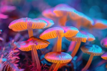 Poster - A vibrant cluster of colorful mushrooms with distinctive caps, showcasing an array of pink, orange, and yellow hues in a lush, forest environment during the early morning light