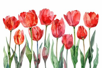 Wall Mural - A vibrant display of red tulips swaying gently in a garden under soft daylight, showcasing their beauty and elegance amidst lush green leaves