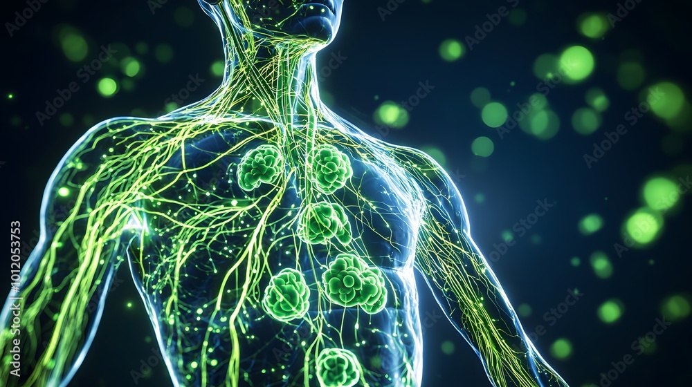 Human anatomy with glowing lymphatic system, dark background Stock ...