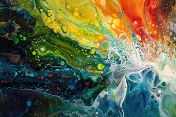Fototapete - A vibrant display of swirling colors reflecting on water during a sunny day at a serene lakeside location