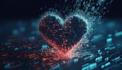 Aufkleber - Heart-shaped figure dissolving into fragmented data blocks, symbolizing digital love fading away