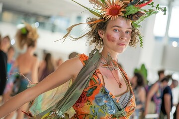 A model in a vibrant floral dress walks through a lush indoor garden setting, showcasing natural beauty and creativity in soft daylight during a fashion photoshoot