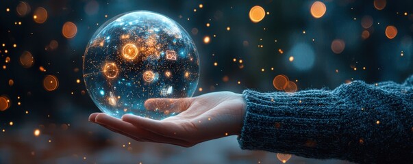 A hand holding a glowing globe with digital technology icons representing global connectivity and innovation