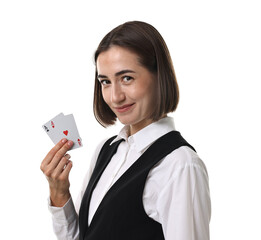 Poster - Professional croupier with playing cards on white background