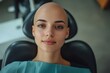 © Pooja - High angle portrait of bald young woman receiving chemotherapy treatment in procedure room at clinic behind glass copy space, Generative AI