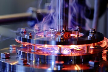 Aufkleber - Close-up view of a high-tech manufacturing machine showcasing intricate components and glowing elements, revealing advanced engineering in a modern workshop