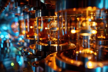 Poster - Close-up view of a high-tech manufacturing machine showcasing intricate components and glowing elements, revealing advanced engineering in a modern workshop
