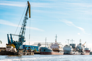 Ships on the pier in the port at sea in Kaliningrad. Kaliningrad, Russia - 18 June 2024