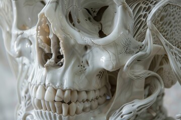 Aufkleber - Intricate decorative skull art piece showcasing detailed carvings and ornate designs, displayed in a museum setting under soft lighting