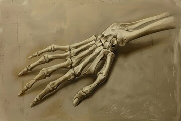 Poster - Detailed depiction of a human skeleton hand showcasing the intricate bone structure, set against a neutral background, emphasizing anatomical features and artistry