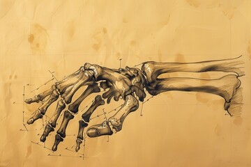 Poster - Detailed depiction of a human skeleton hand showcasing the intricate bone structure, set against a neutral background, emphasizing anatomical features and artistry