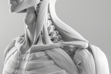 Poster - A detailed study of human anatomy focusing on the shoulder joint, captured in a monochromatic style highlighting the skeletal structure and muscles in a controlled lighting environment