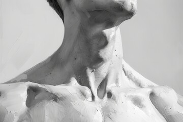 Poster - A detailed study of human anatomy focusing on the shoulder joint, captured in a monochromatic style highlighting the skeletal structure and muscles in a controlled lighting environment