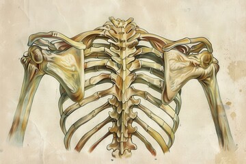 Poster - Detailed anatomical illustration of human skeletal and muscular structure focusing on the back, highlighting muscles and ribs in a scientific style