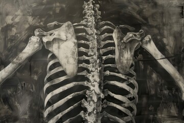 Poster - A detailed view of a human skeleton against a dark abstract background highlighting the intricate structure of bones and ribs