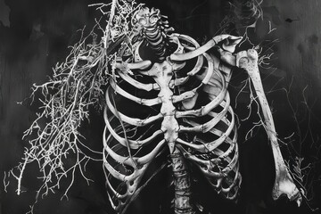 Poster - A detailed view of a human skeleton against a dark abstract background highlighting the intricate structure of bones and ribs