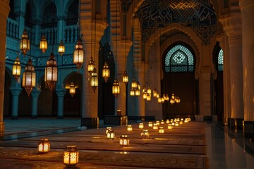 Aufkleber - A beautifully lit lantern hangs in a tranquil courtyard, casting warm light amidst intricate arches and glowing lamps during a serene evening