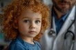 © Pooja - Unrecognizable male pediatrician examining curly little patient with help of stethoscope, blurred background, Generative AI