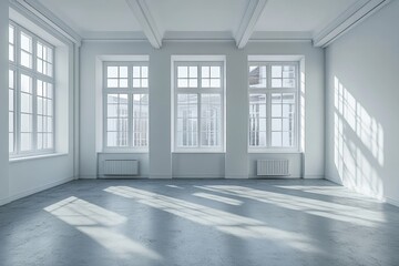 Empty white room interior with gray floor and two windows, Generative AI