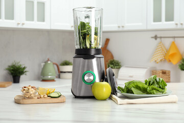 Sticker - Modern blender with ingredients for smoothie on white marble table in kitchen