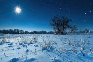 Poster - A serene winter landscape with snow-covered ground, glistening trees, and a bright sun shining through the clouds during the early morning hours