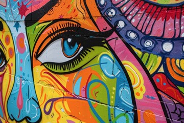 Poster - Vibrant urban mural showcasing diverse faces and artistic expressions on a city wall in broad daylight