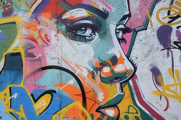 Poster - Vibrant urban mural showcasing diverse faces and artistic expressions on a city wall in broad daylight