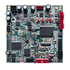 Poster - Closeup of a green printed circuit board with electronic components, illustrating the complexity of modern electronics