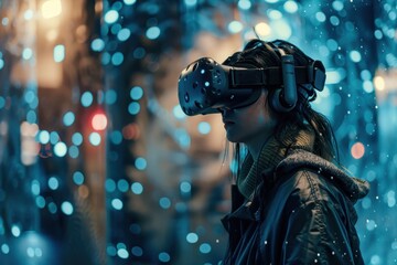 Virtual reality experience with vibrant glowing visuals in an immersive gaming environment during nighttime exploration