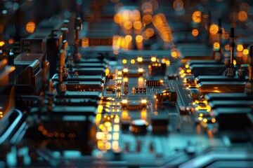 Poster - A vibrant display of electrical circuits and glowing lights in a futuristic digital landscape at night