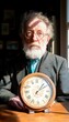 © Наталья Бойко - Elderly man with round clock at a well lit table in a cozy interior setting