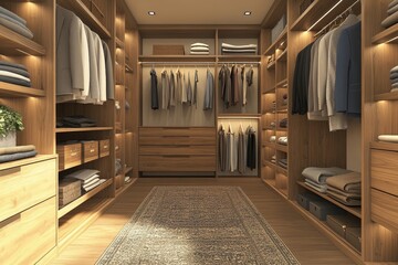 Modern wooden wardrobe with clothes hanging on rail in walk in closet design interior. 3D render, Generative AI