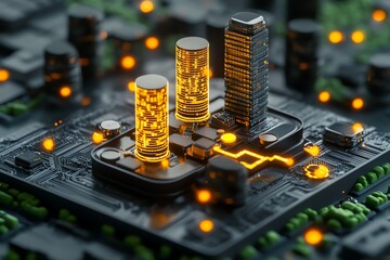 Poster - Interactive 3D digital scene of a cyberattack on a futuristic city, with glowing data streams being siphoned by hackers, creating an immersive experience of large-scale data theft