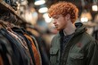 © Pooja - Young red haired man browsing clothes on racks while shopping sustainably in thrift shop, Generative AI