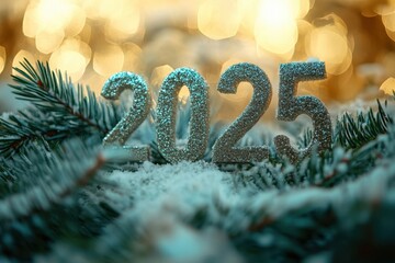 Wall Mural - Golden numbers 2025 on snow-covered spruce branches against a background of golden bokeh, postcard for the New Year 2025