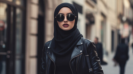 A trendy Muslim woman showcases her fashion sense in a stylish hijab, a fitted leather jacket, and a flowing black abaya while navigating the lively streets of the city. Her oversi