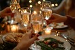 © James - Close up of friends clinking champagne glasses while enjoying Christmas dinner together sitting by elegant dining table with candles, Generative AI