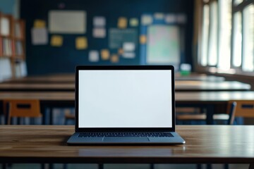 Side view of blank mockup screen of open laptop on desk in empty classroom, copy space, Generative AI