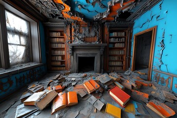 Aufkleber - Interactive 3D digital scene of a philosopherâ€™s study filled with decaying books, where users can explore the detailed textures and atmosphere of a room consumed by existential despair