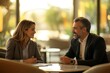 © Pooja - Portrait of two business people discussing deal in hotel lounge, copy space, Generative AI