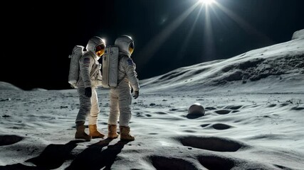 Wall Mural - two astronauts stand on the surface of the moon, gazing at the distant earth in the blackness of spa