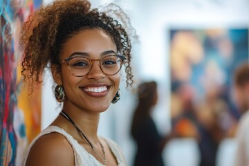 Portrait of cheerful young Black female creator standing in front of art gallery exhibition visitors speaking about photos, Generative AI