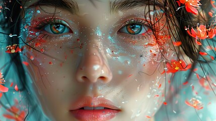 Poster - Close-up Portrait of a Woman with Flowers and Glitter Makeup