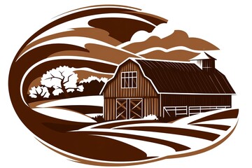 Poster - Simple line art of a barn with rolling hills in the background, symbolizing the pastoral beauty and peace of rural tourism