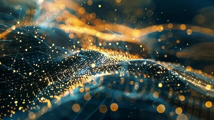 Poster - Abstract network is flowing across a virtual landscape, creating a sense of movement and connectivity. This visual represents the complex and interconnected nature of data in the digital age